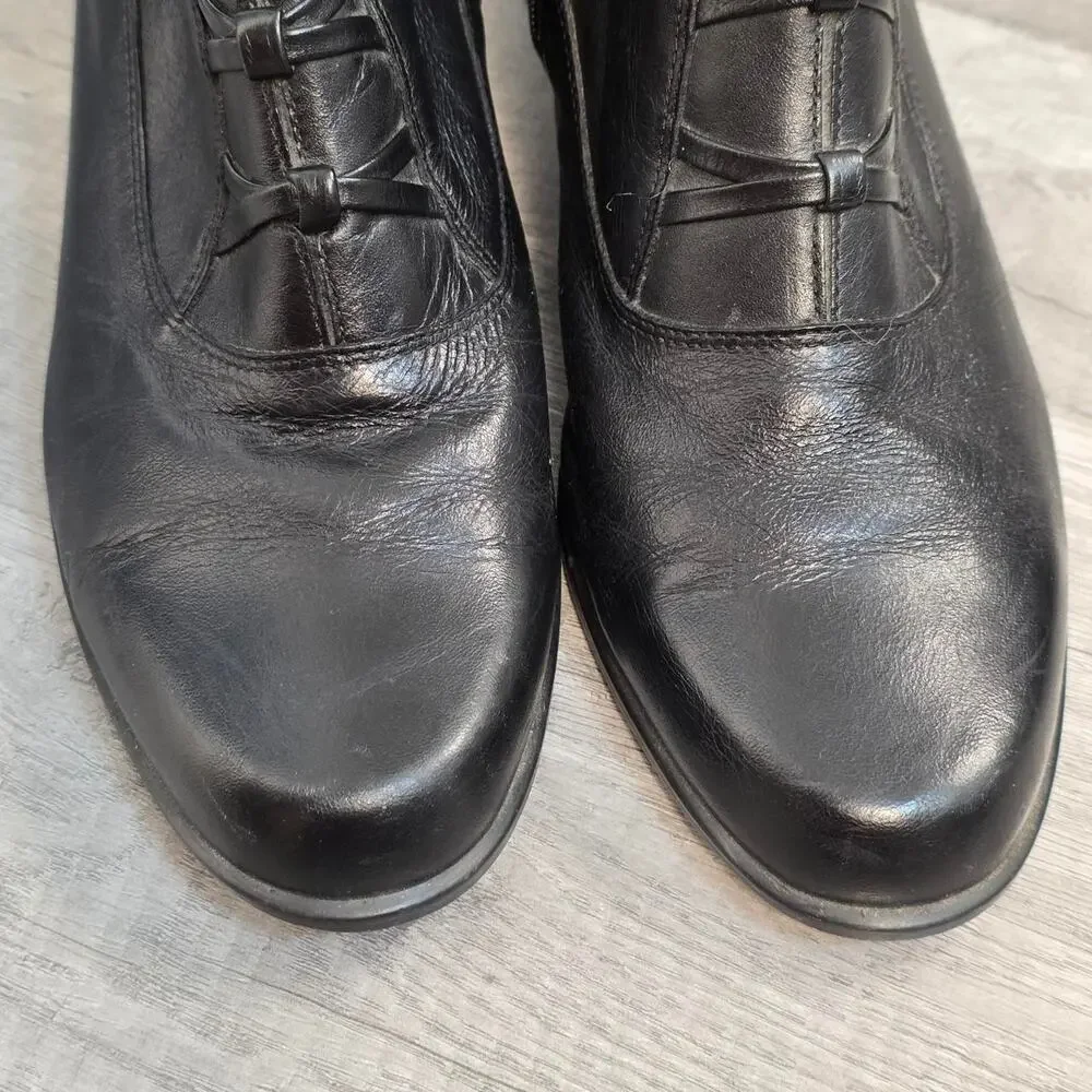 Vintage 90s Black Leather Ankle Boots Block Heel Women’s 10 Dark Academia Goth